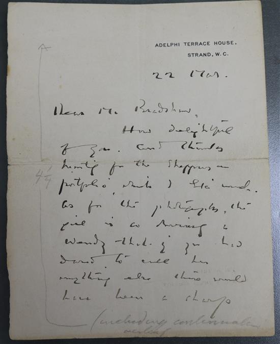 Barrie, James Matthew - Autograph letter, one page, 8vo To a Mr Bradshaw [owner of an art school - Press Art School]